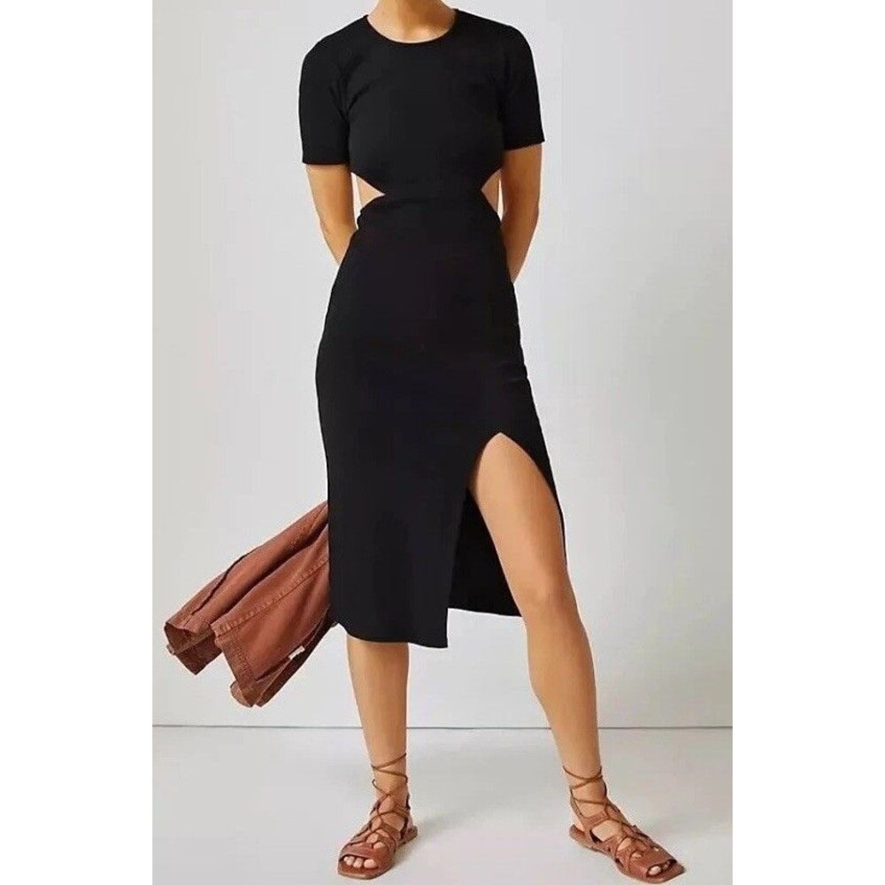 ANTHROPOLOGIE Bordeaux Cutout A-Line Midi Dress Small Black Ribbed Minimalist
